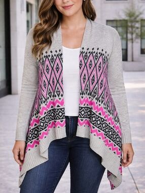 Oh MG! Beige Cardigan with Black and Pink Accents, Women's Size XL